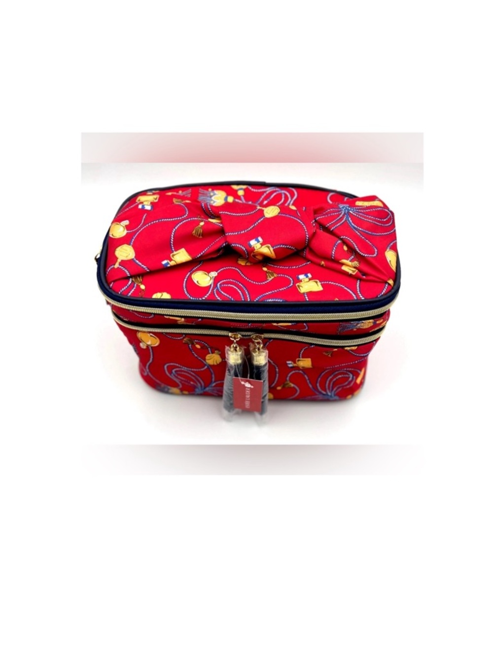 Estee Lauder Red Cosmetic Travel Case with Gold Zippers and Tassels